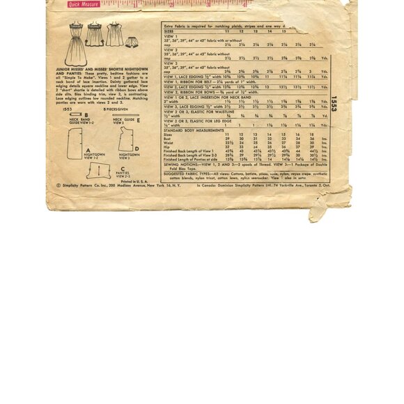 Simplicity 1553 Sewing Pattern Size 16 Bust 34 Junior Misses Nightgown & Panties - Picture 6 of 8